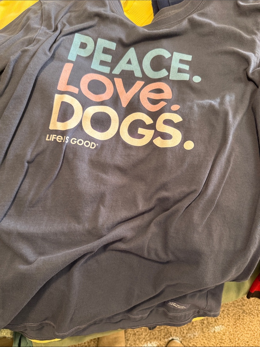 Life Is Good Navy Tee with Pastel 'PEACE. LOVE. DOGS.' Print